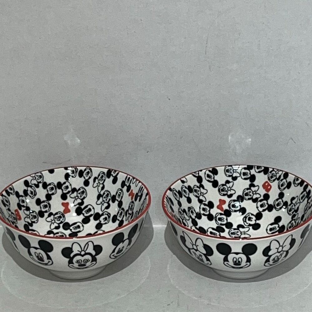 Lot of 2 Disney Black White Ceramic Mickey and Minnie Mouse Cereal Tidbit Bowls